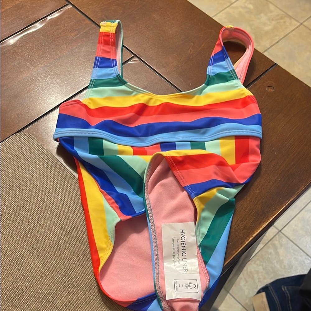 Red and Orange One Piece Swimwear with Vibrant Stripes